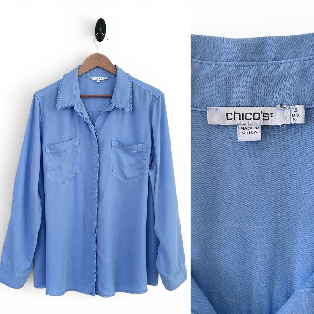 Chico's Women's XL 16 Size 3 Blue 100% Lyocell Long Sleeves Button Front Shirt